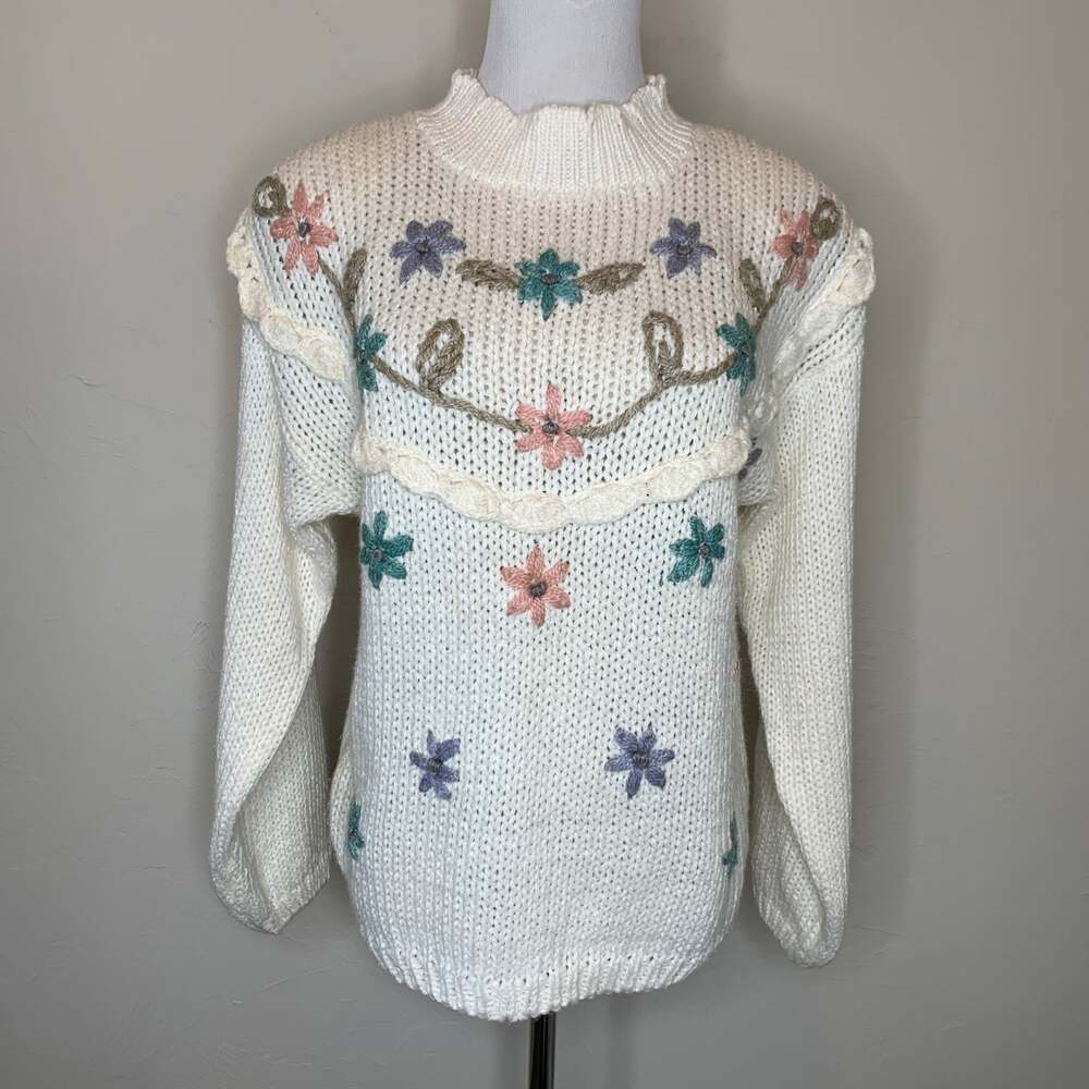 Vintage 80s Sweater Cream Flower 3D Embellishment Sz Small